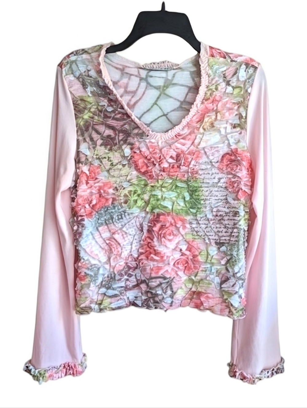 Sno Skins Long Sleeve Baby Pink Floral Crinkle Women's Romantic V-Neck L